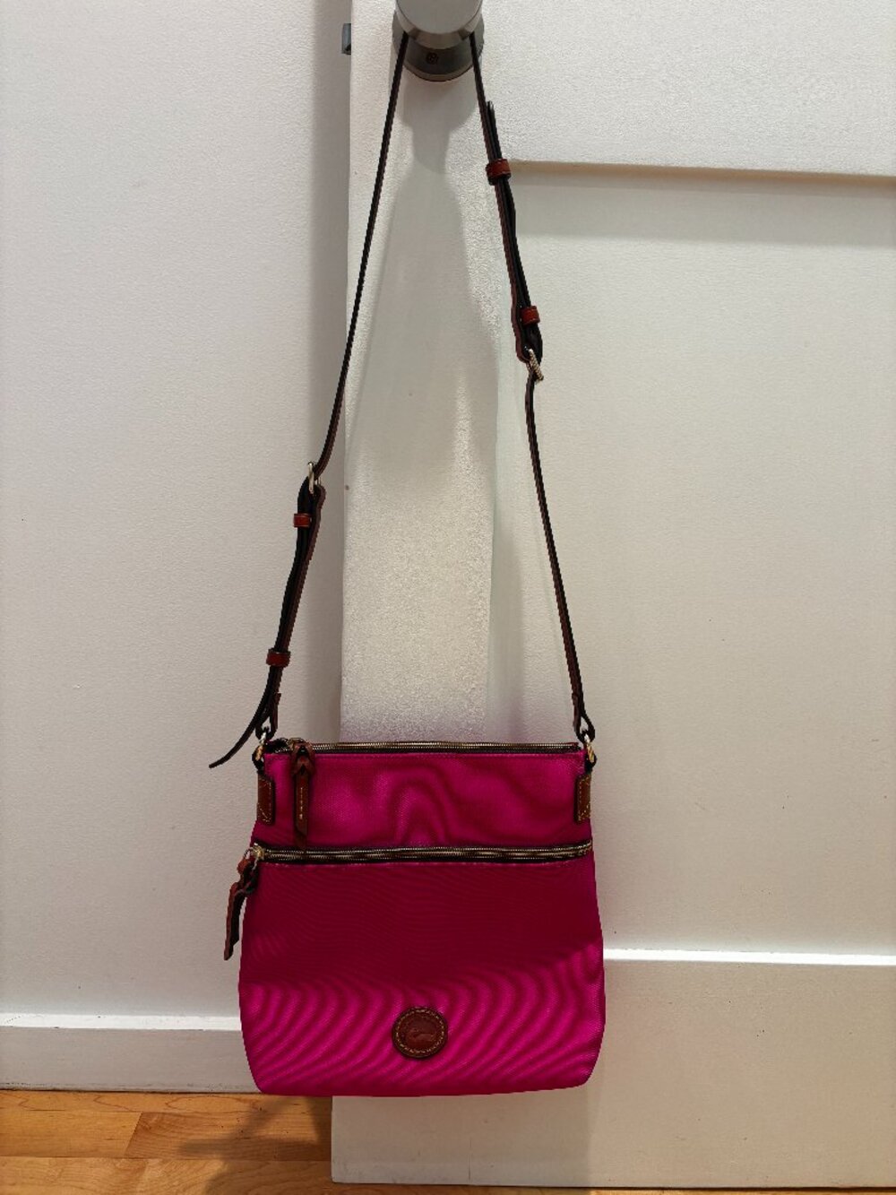 Dooney & Bourke Fuchsia Crossbody Bag with Brown Leather Trim